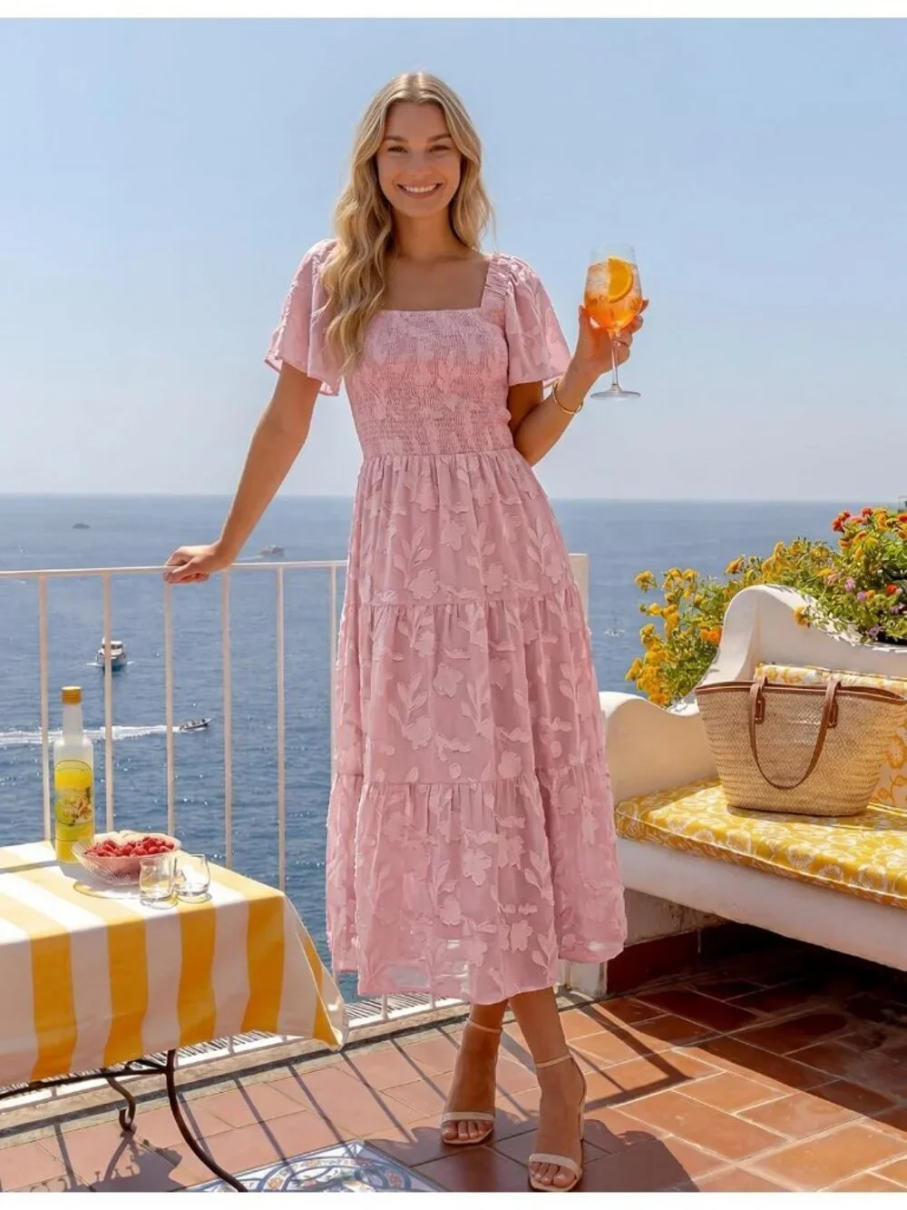 Women‘s Summer Boho Floral Midi Dress Pink Short Sleeve Square Neck Flowy Beach